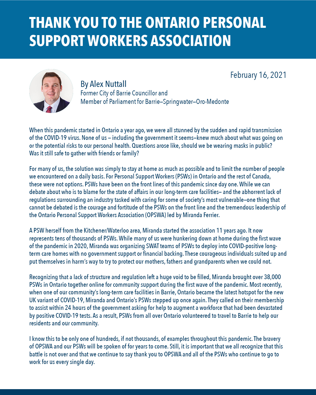 Open Letter from Barrie-Springwater-Oro-Medonte MPP: Thank You To The Ontario Personal Support Workers Association